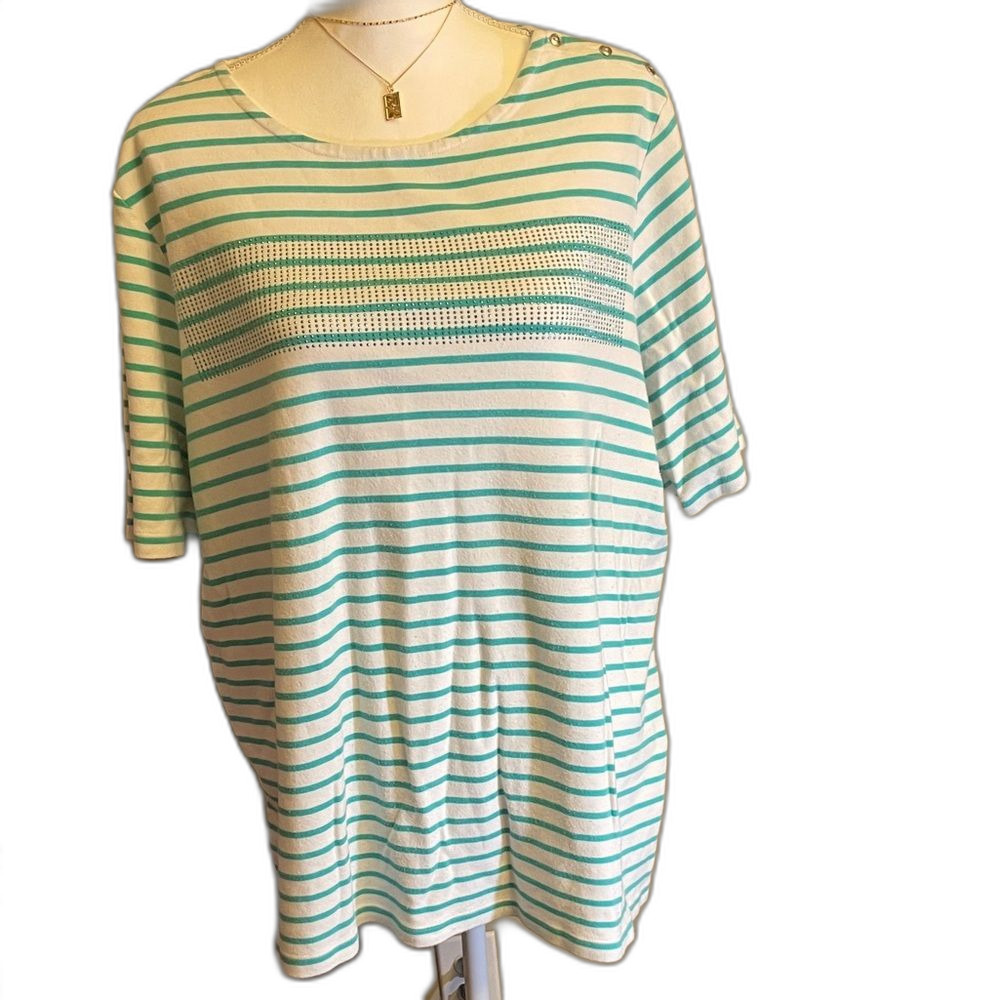 CJ Banks Aqua and White Striped Short Sleeve Top